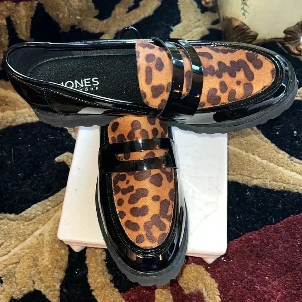 JONES New York Women’s Black Patent Vegan Leather Animal Print Loafers Shoes